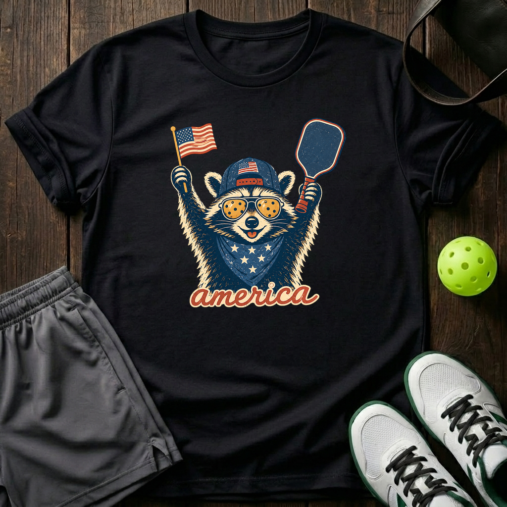 Raccoon Mascot America Pickleball T-Shirt — Black