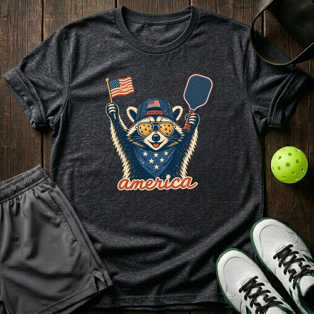 Raccoon Mascot America Pickleball T-Shirt — Dark Heather
