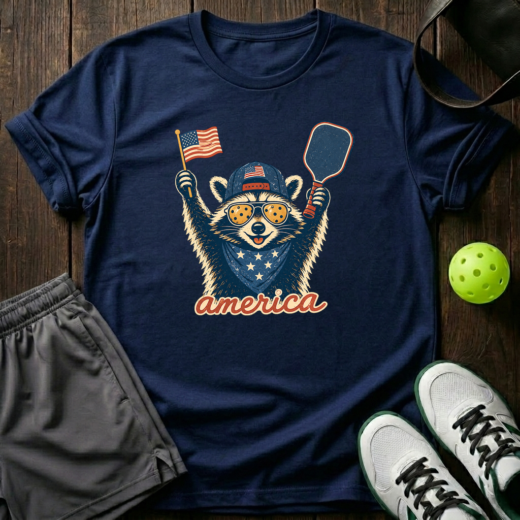 Raccoon Mascot America Pickleball T-Shirt — Navy