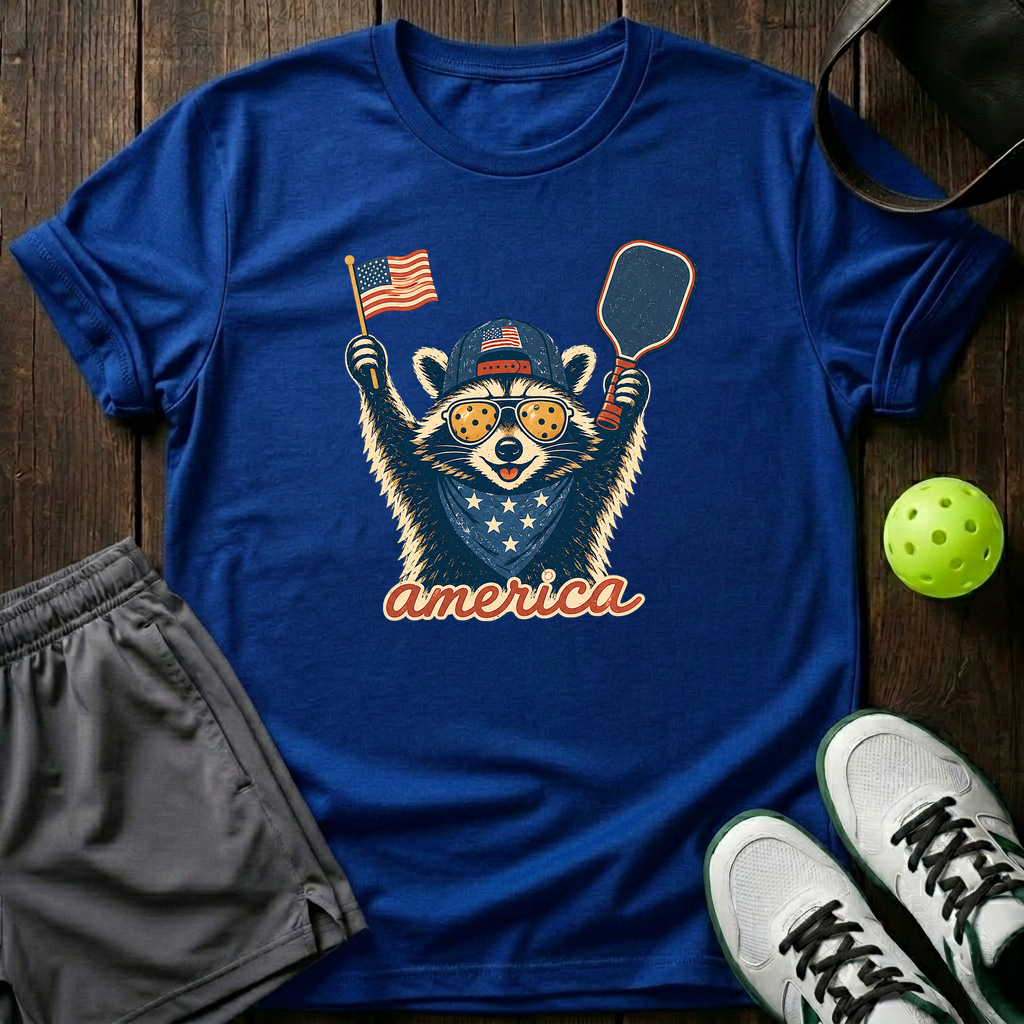 Raccoon Mascot America Pickleball T-Shirt — Royal