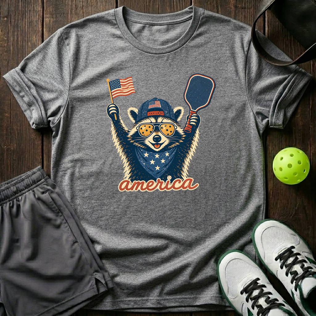 Raccoon Mascot America Pickleball T-Shirt — Sport Grey