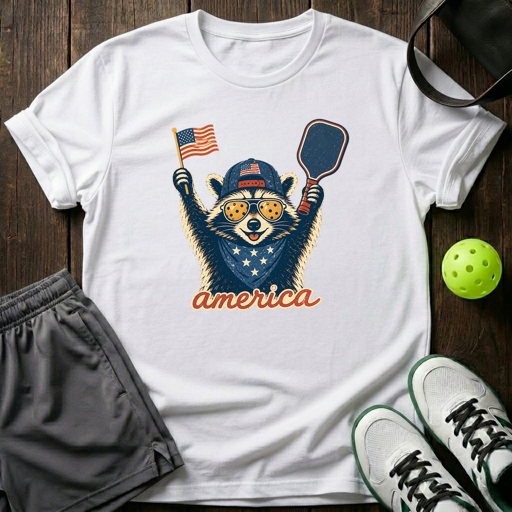 Raccoon Mascot America Pickleball T-Shirt — White
