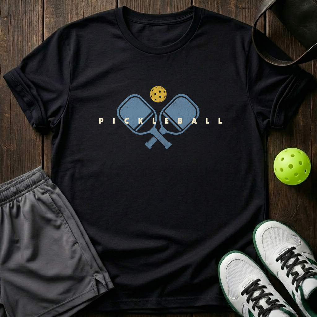 Crossed Paddles And Yellow Ball Distressed Pickleball T-Shirt — Black