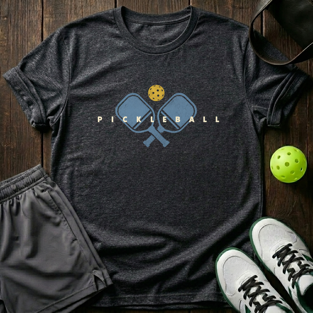 Crossed Paddles And Yellow Ball Distressed Pickleball T-Shirt — Dark Heather
