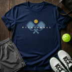 Crossed Paddles And Yellow Ball Distressed Pickleball T-Shirt — Navy
