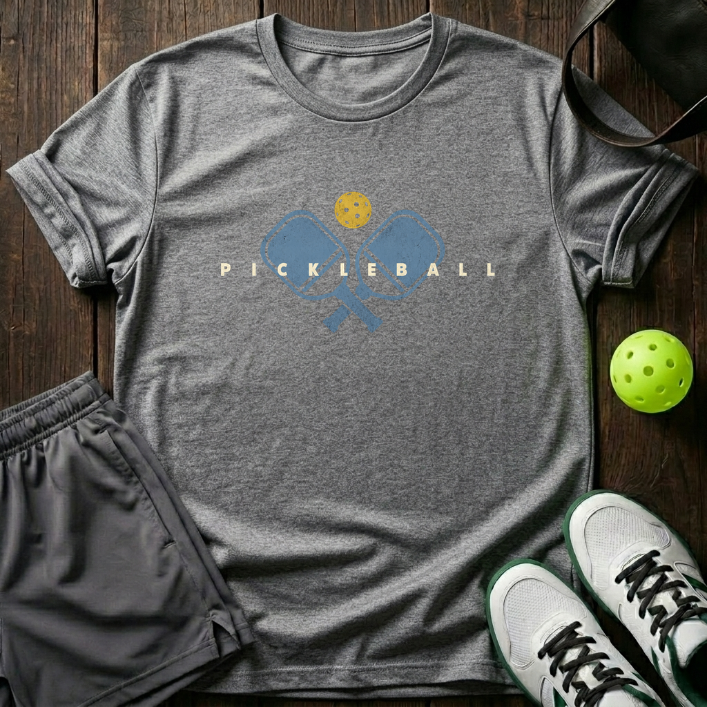 Crossed Paddles And Yellow Ball Distressed Pickleball T-Shirt — Sport Grey