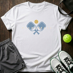 Crossed Paddles And Yellow Ball Distressed Pickleball T-Shirt — White