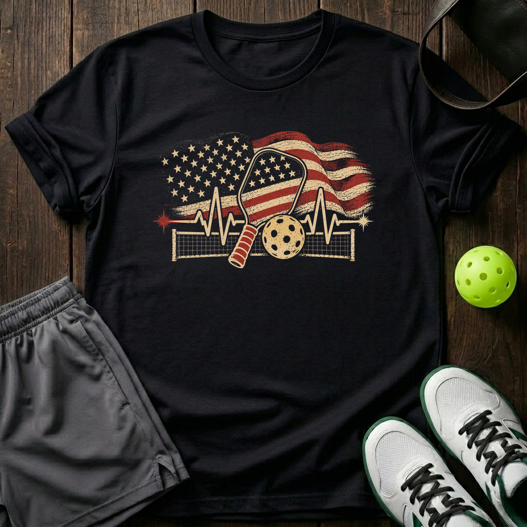 American Flag Heartbeat Ekg Paddle And Ball With Net Vintage Pickleball T-Shirt — Black