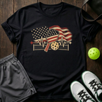 American Flag Heartbeat Ekg Paddle And Ball With Net Vintage Pickleball T-Shirt — Black
