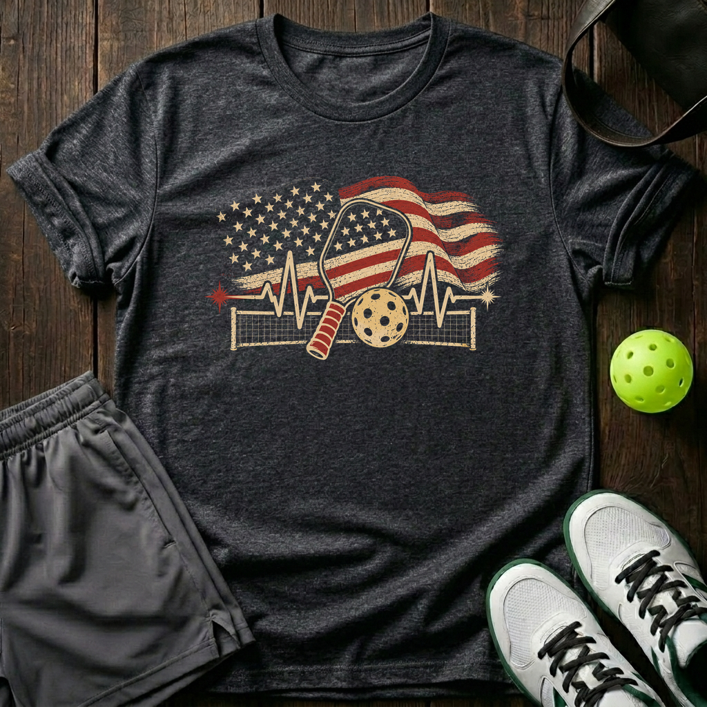 American Flag Heartbeat Ekg Paddle And Ball With Net Vintage Pickleball T-Shirt — Dark Heather
