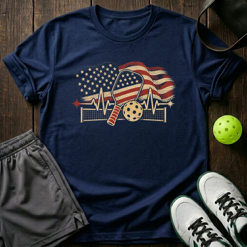 American Flag Heartbeat Ekg Paddle And Ball With Net Vintage Pickleball T-Shirt — Navy