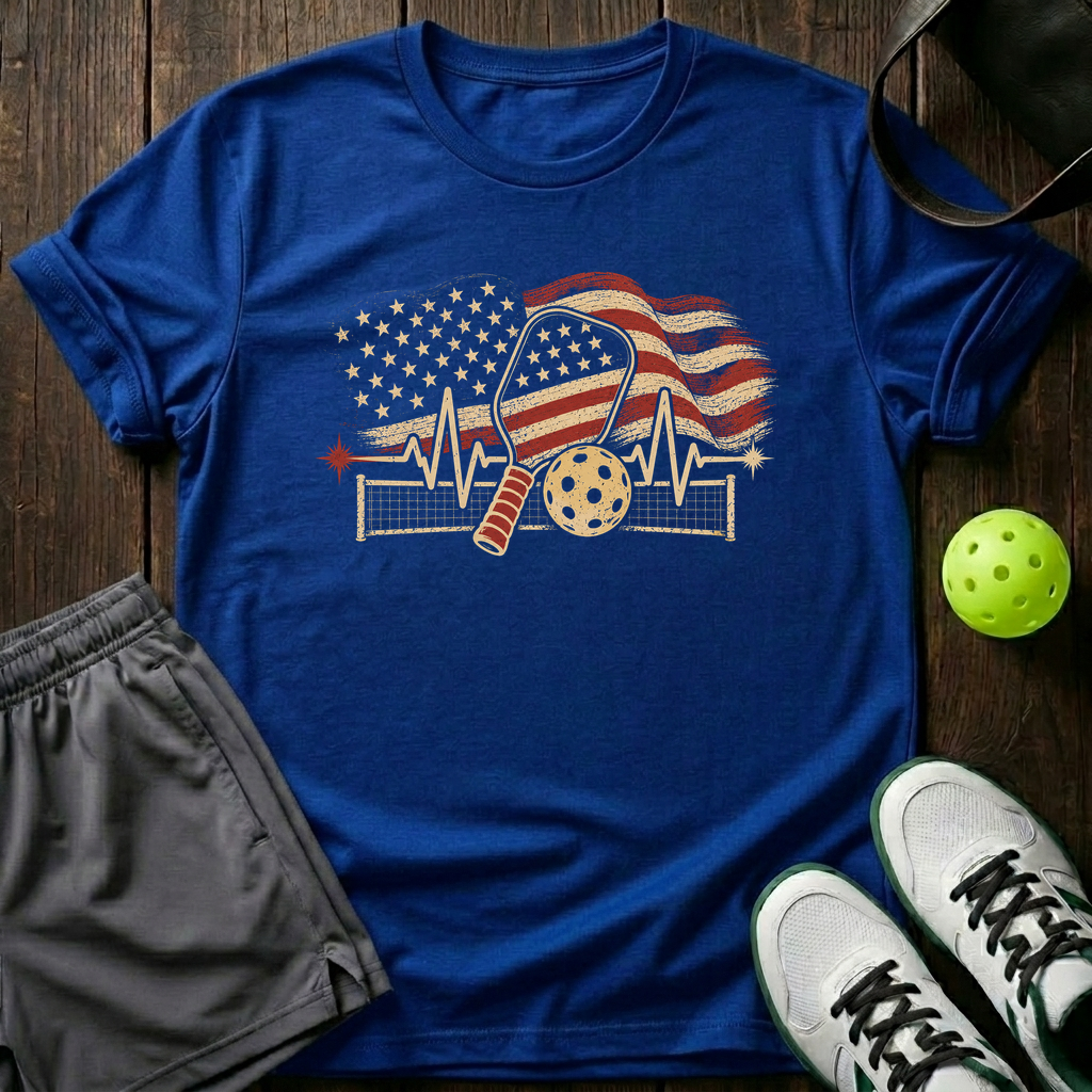 American Flag Heartbeat Ekg Paddle And Ball With Net Vintage Pickleball T-Shirt — Royal