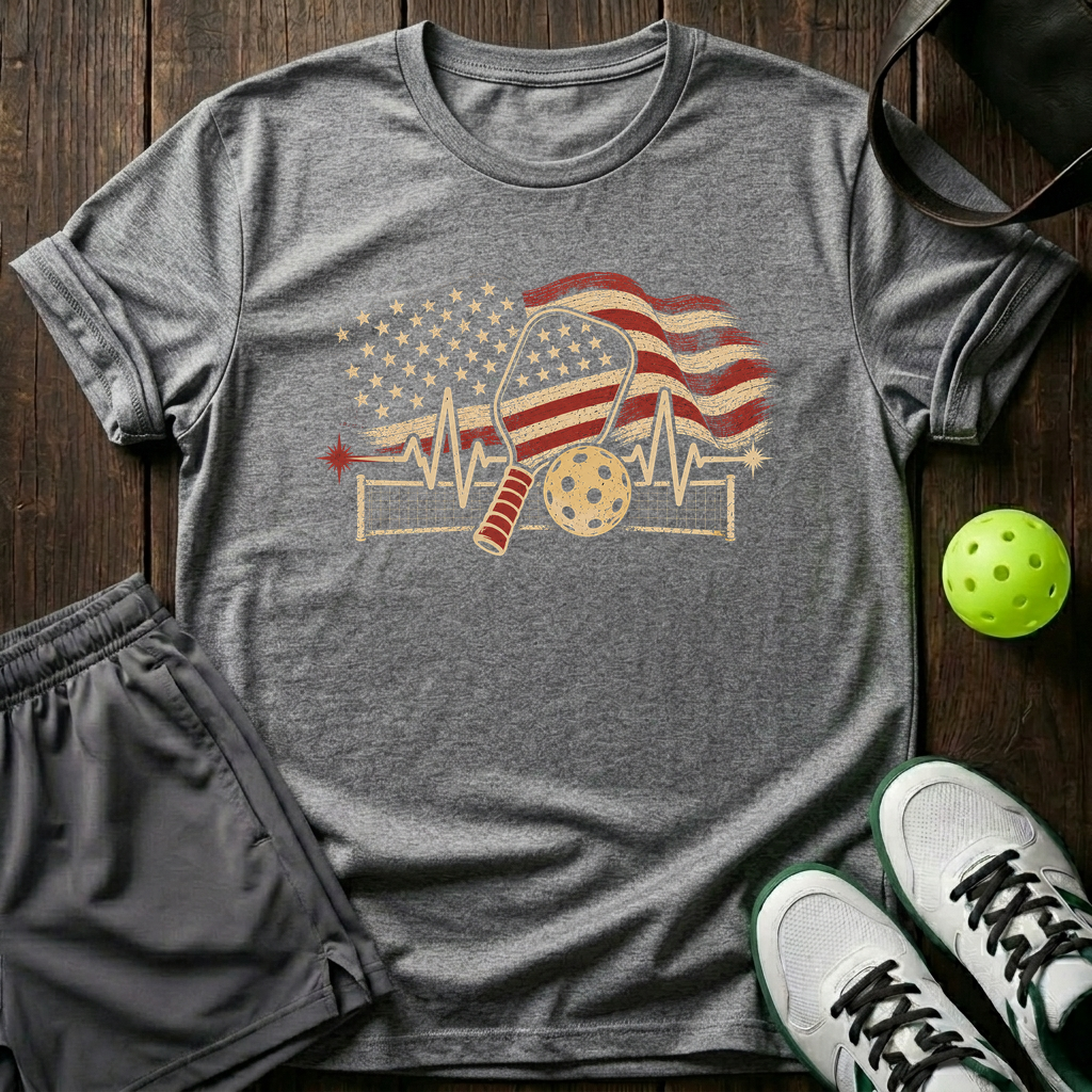 American Flag Heartbeat Ekg Paddle And Ball With Net Vintage Pickleball T-Shirt — Sport Grey