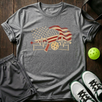American Flag Heartbeat Ekg Paddle And Ball With Net Vintage Pickleball T-Shirt — Sport Grey