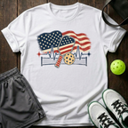 American Flag Heartbeat Ekg Paddle And Ball With Net Vintage Pickleball T-Shirt — White