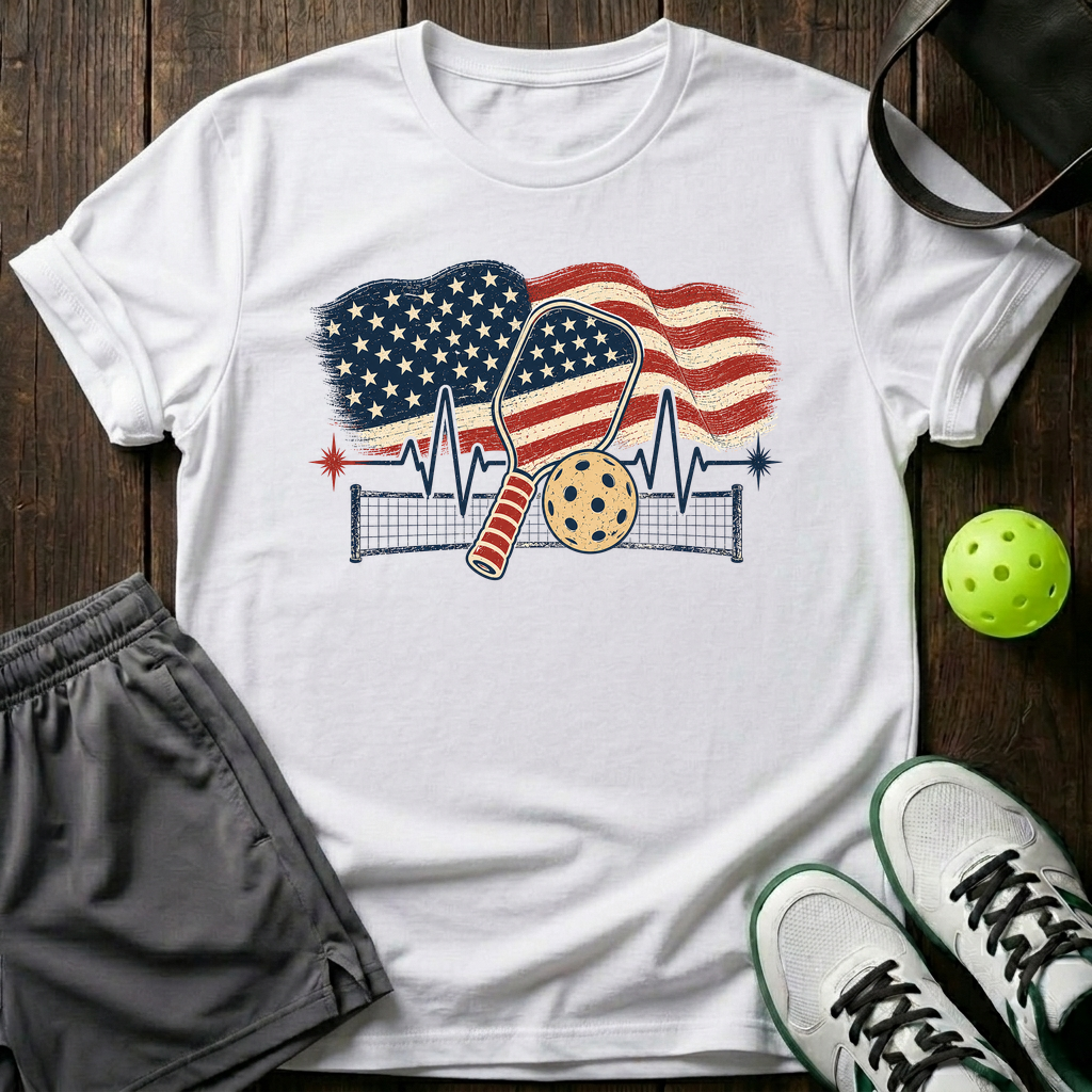 American Flag Heartbeat Ekg Paddle And Ball With Net Vintage Pickleball T-Shirt — White