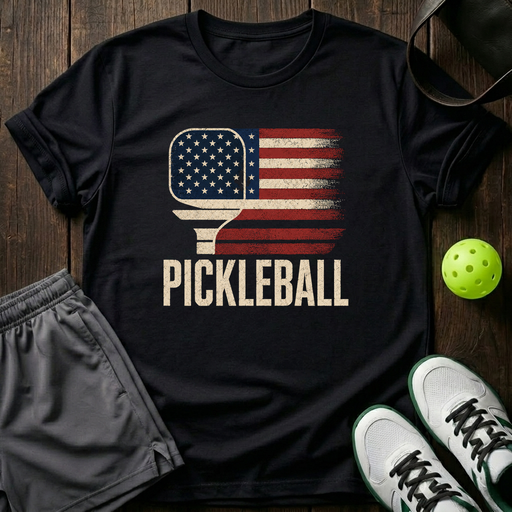 American Flag Paddle Distressed Pickleball T-Shirt — Black