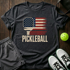 American Flag Paddle Distressed Pickleball T-Shirt — Dark Heather