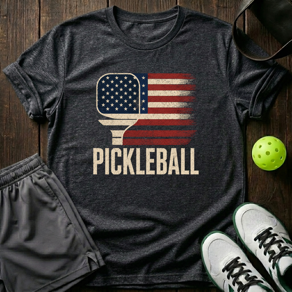 American Flag Paddle Distressed Pickleball T-Shirt — Dark Heather