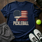 American Flag Paddle Distressed Pickleball T-Shirt — Navy