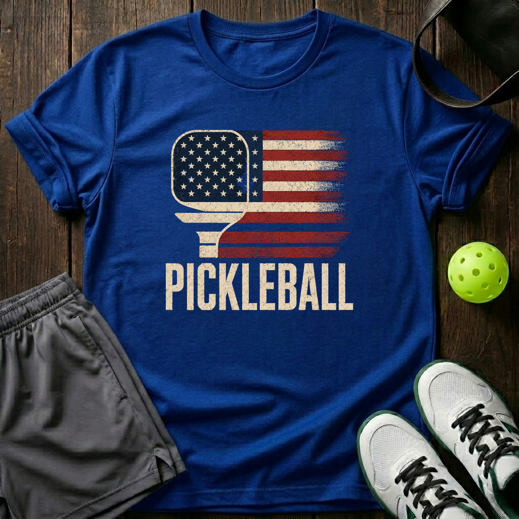 American Flag Paddle Distressed Pickleball T-Shirt — Royal