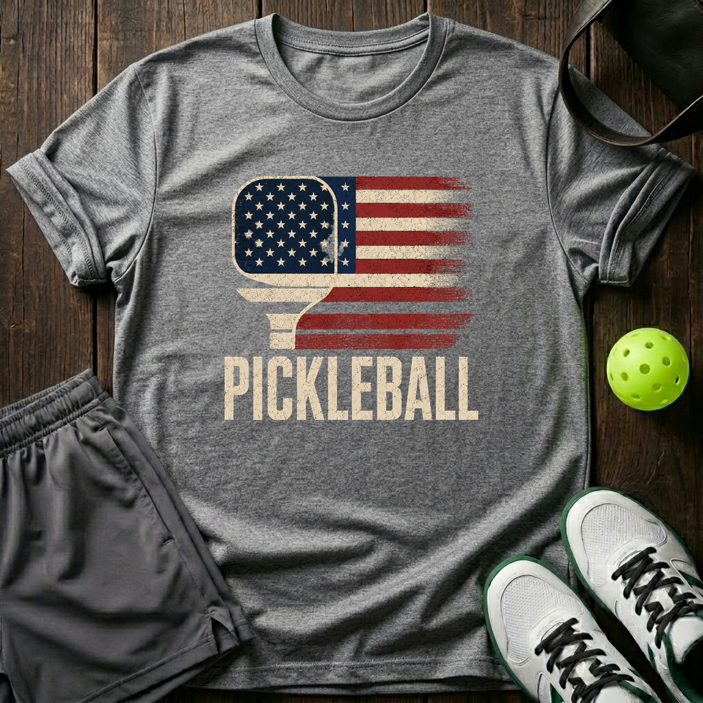 American Flag Paddle Distressed Pickleball T-Shirt — Sport Grey