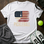 American Flag Paddle Distressed Pickleball T-Shirt — White
