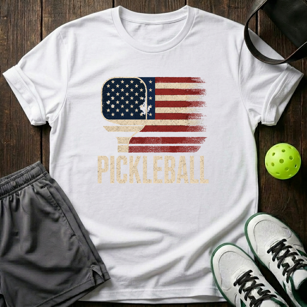American Flag Paddle Distressed Pickleball T-Shirt — White
