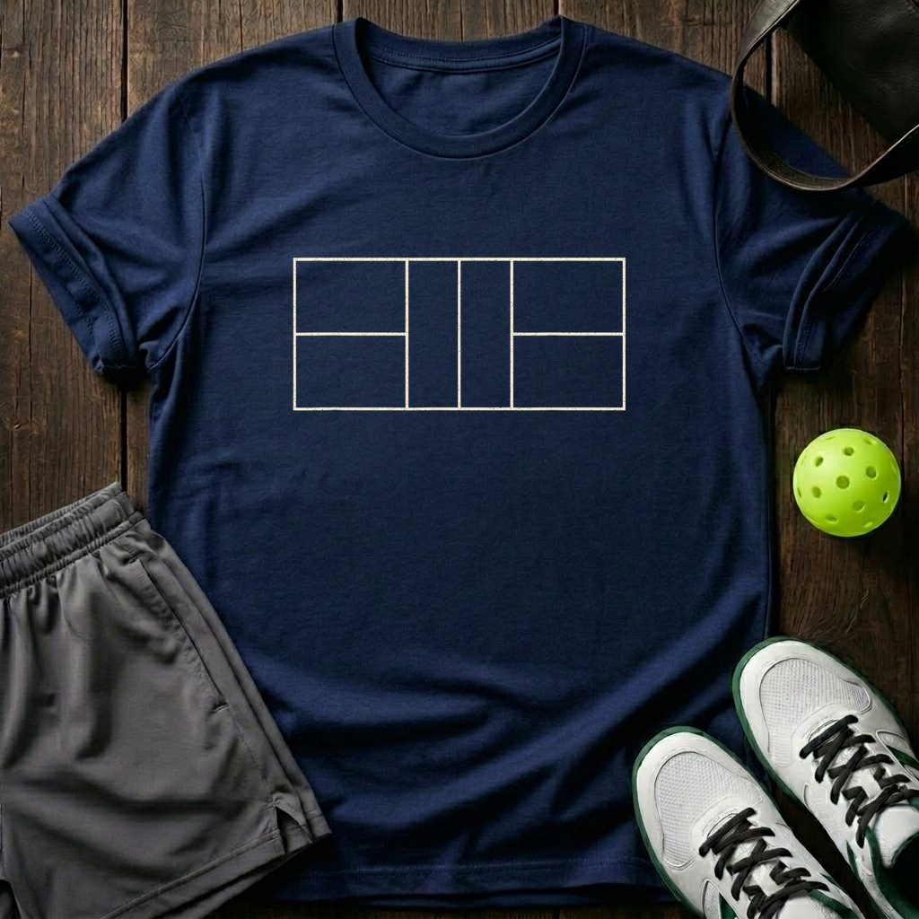 Minimalist Court Layout Line Art Pickleball T-Shirt — Navy