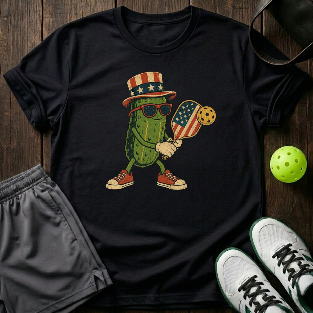 Uncle Sam Cartoon Pickle Mascot Preparing Serve T-Shirt — Black