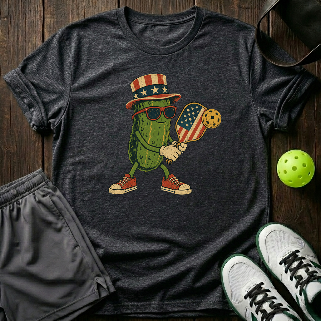 Uncle Sam Cartoon Pickle Mascot Preparing Serve T-Shirt — Dark Heather