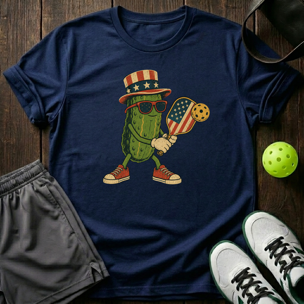 Uncle Sam Cartoon Pickle Mascot Preparing Serve T-Shirt — Navy