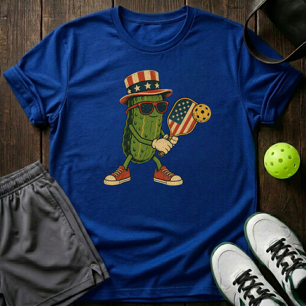 Uncle Sam Cartoon Pickle Mascot Preparing Serve T-Shirt — Royal