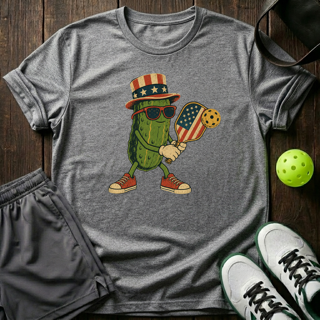 Uncle Sam Cartoon Pickle Mascot Preparing Serve T-Shirt — Sport Grey