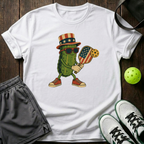 Uncle Sam Cartoon Pickle Mascot Preparing Serve T-Shirt — White