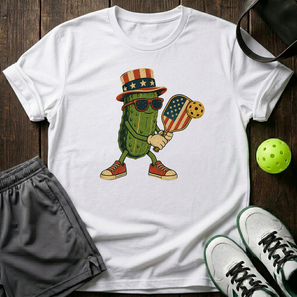 Uncle Sam Cartoon Pickle Mascot Preparing Serve T-Shirt — White