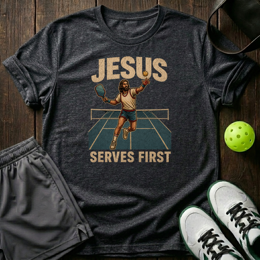 Jesus Serves First T-Shirt — Dark Heather