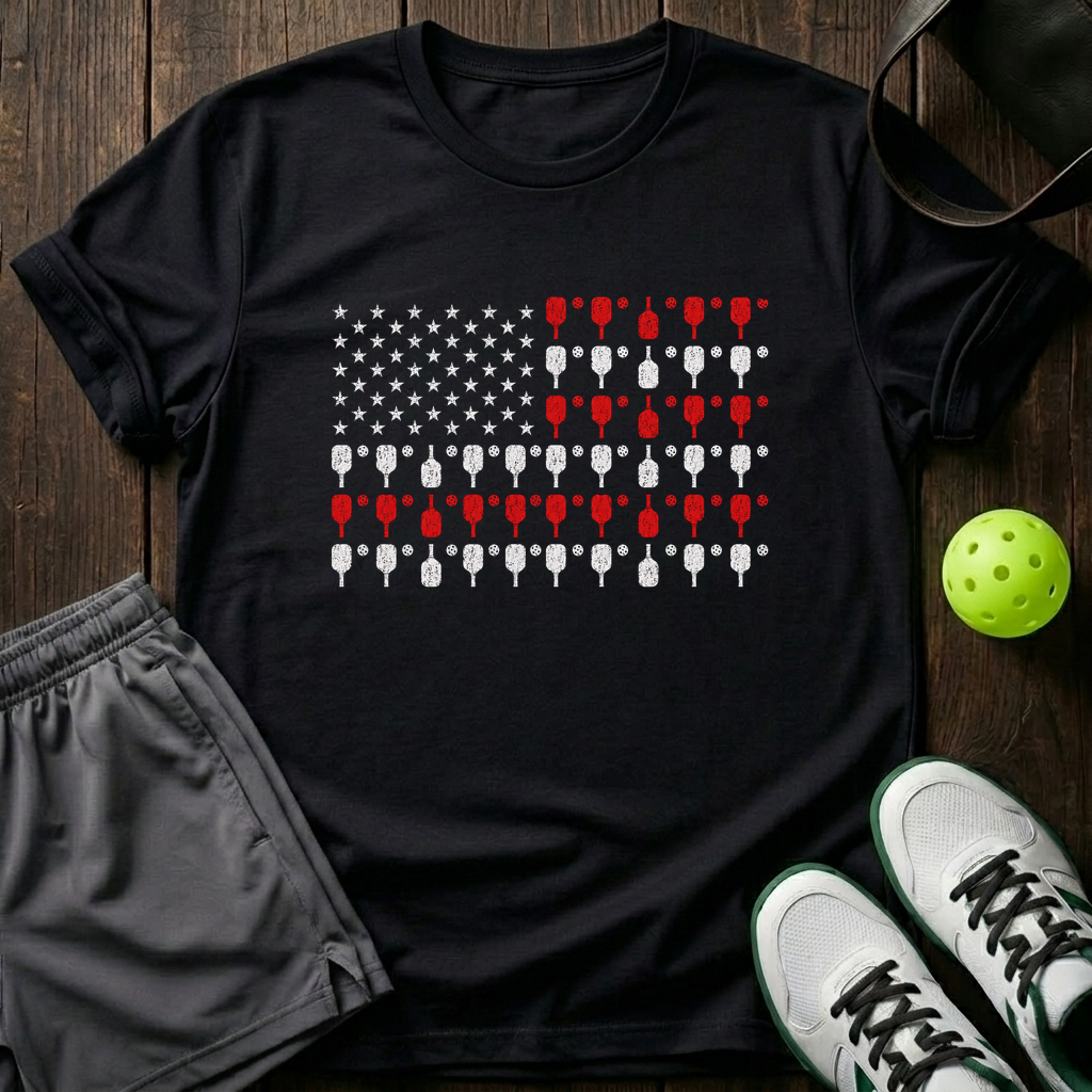 American Flag Made Of Paddles And Balls Vintage Pickleball T-Shirt — Black