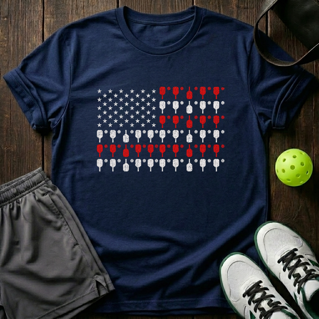 American Flag Made Of Paddles And Balls Vintage Pickleball T-Shirt — Navy