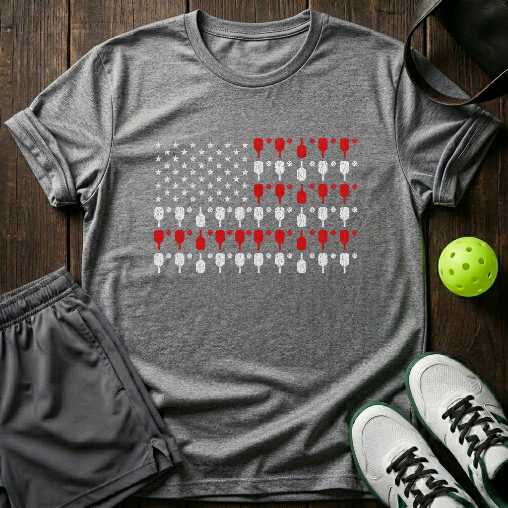 American Flag Made Of Paddles And Balls Vintage Pickleball T-Shirt — Sport Grey