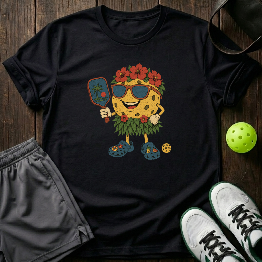 Hawaiian Pickleball Mascot Hula Skirt Crocs T-Shirt — Black