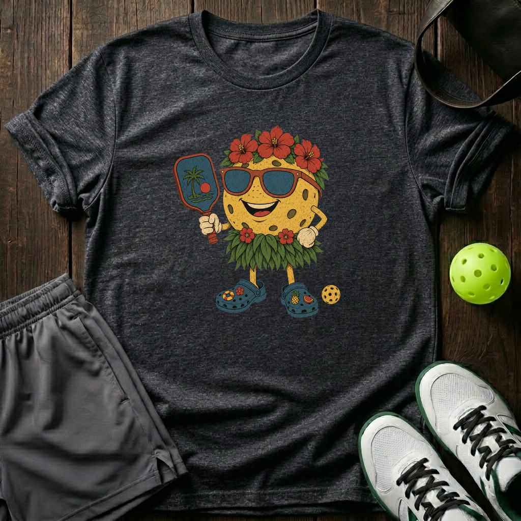 Hawaiian Pickleball Mascot Hula Skirt Crocs T-Shirt — Dark Heather