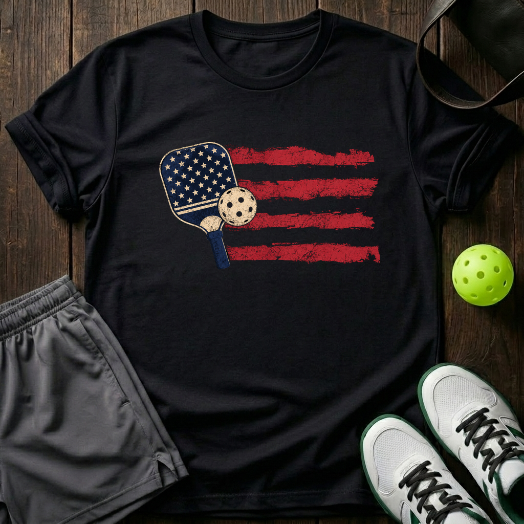 American Flag Paddle And Ball Vintage Pickleball T-Shirt — Black