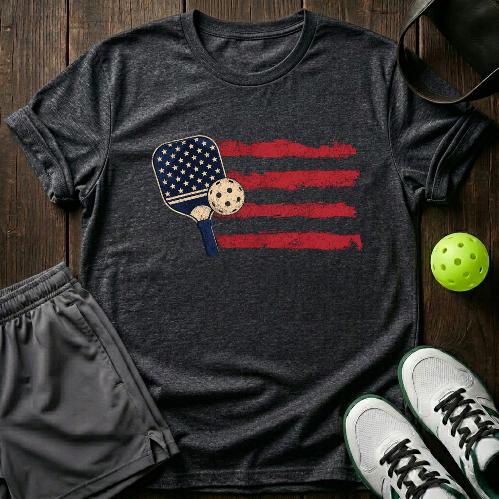 American Flag Paddle And Ball Vintage Pickleball T-Shirt — Dark Heather