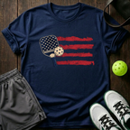 American Flag Paddle And Ball Vintage Pickleball T-Shirt — Navy