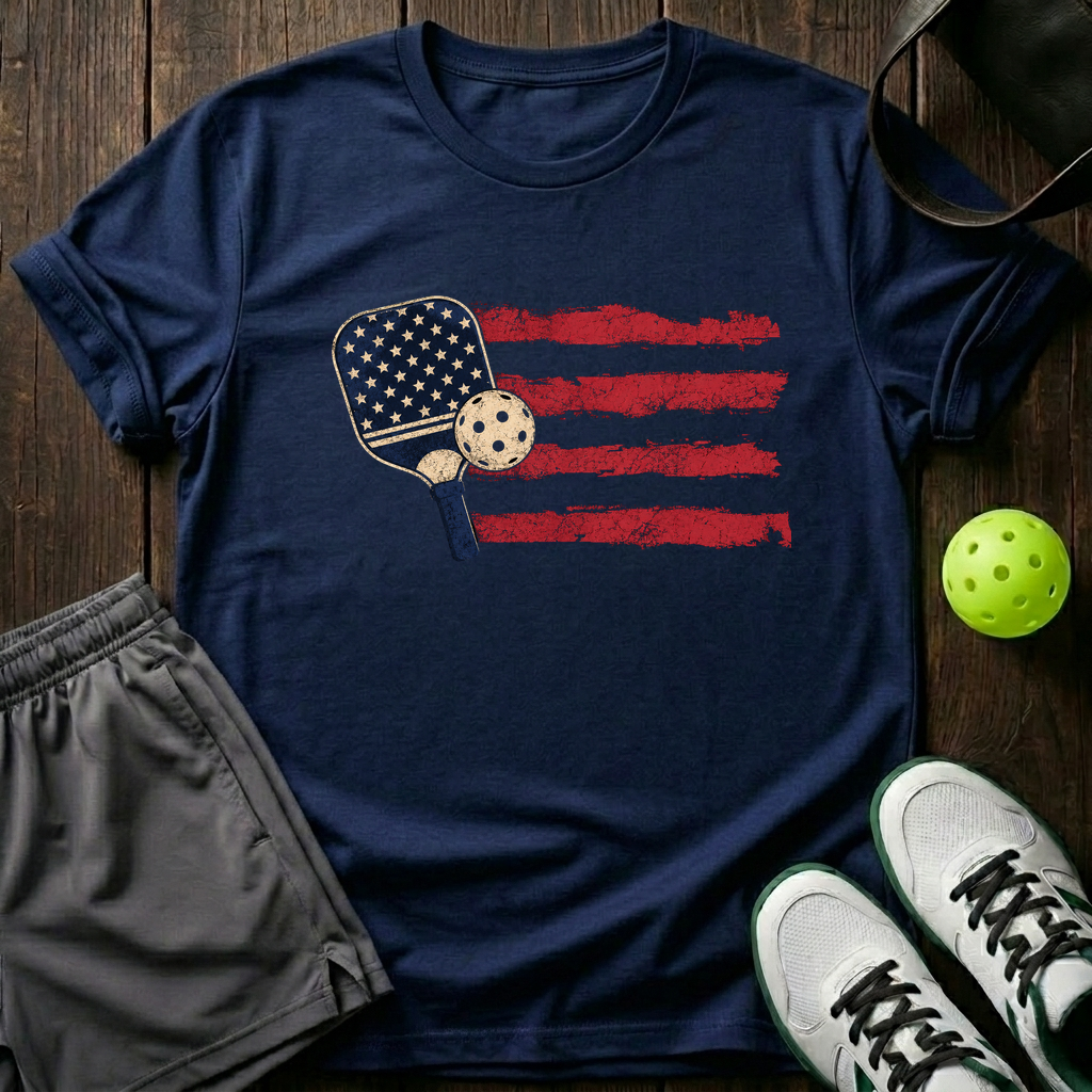 American Flag Paddle And Ball Vintage Pickleball T-Shirt — Navy