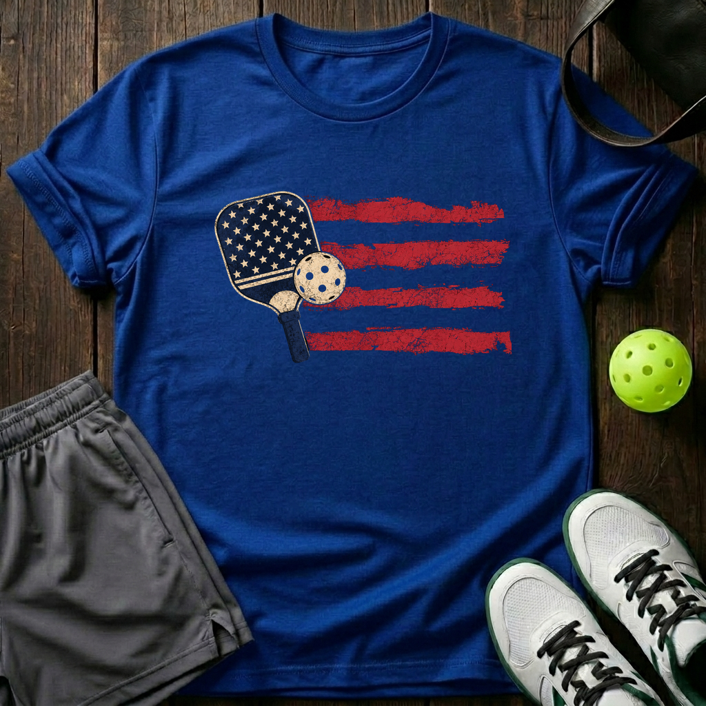 American Flag Paddle And Ball Vintage Pickleball T-Shirt — Royal