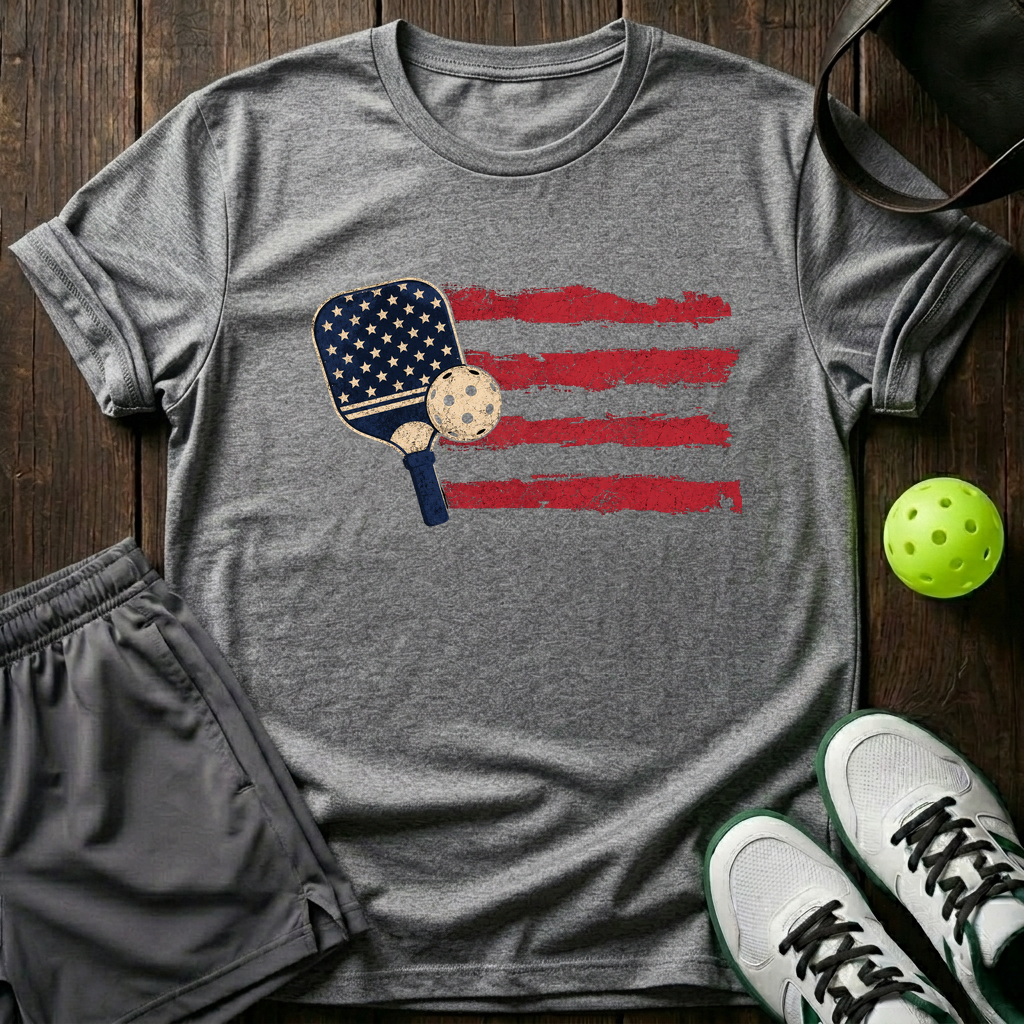 American Flag Paddle And Ball Vintage Pickleball T-Shirt — Sport Grey