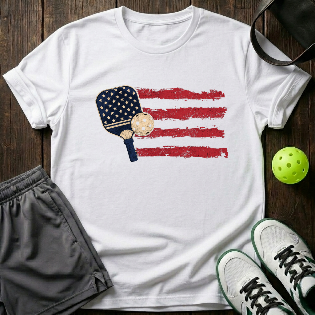 American Flag Paddle And Ball Vintage Pickleball T-Shirt — White