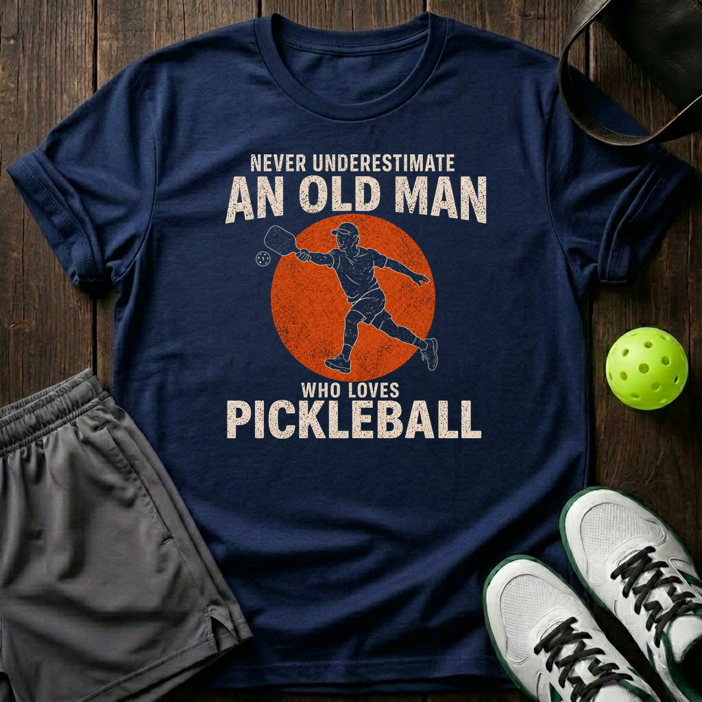 Never Underestimate An Old Man Who Loves Pickleball T-Shirt — Navy